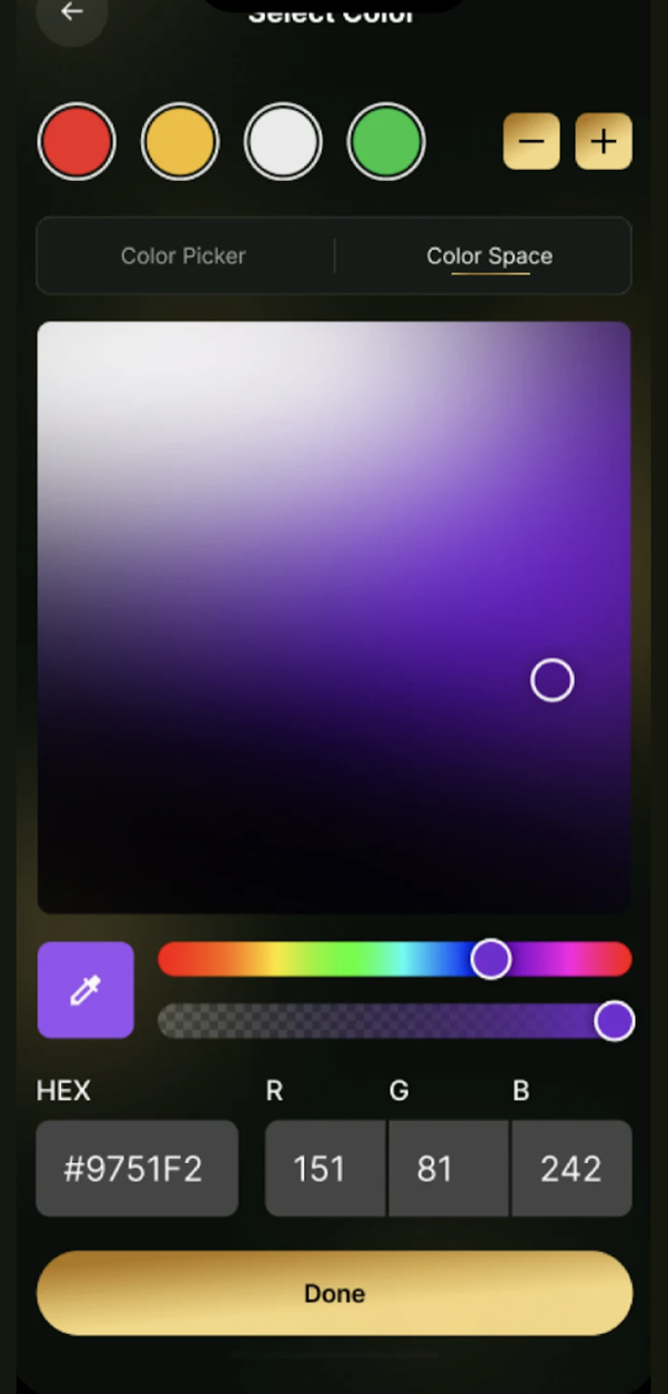 Zeus Smart Lights app color picker screen