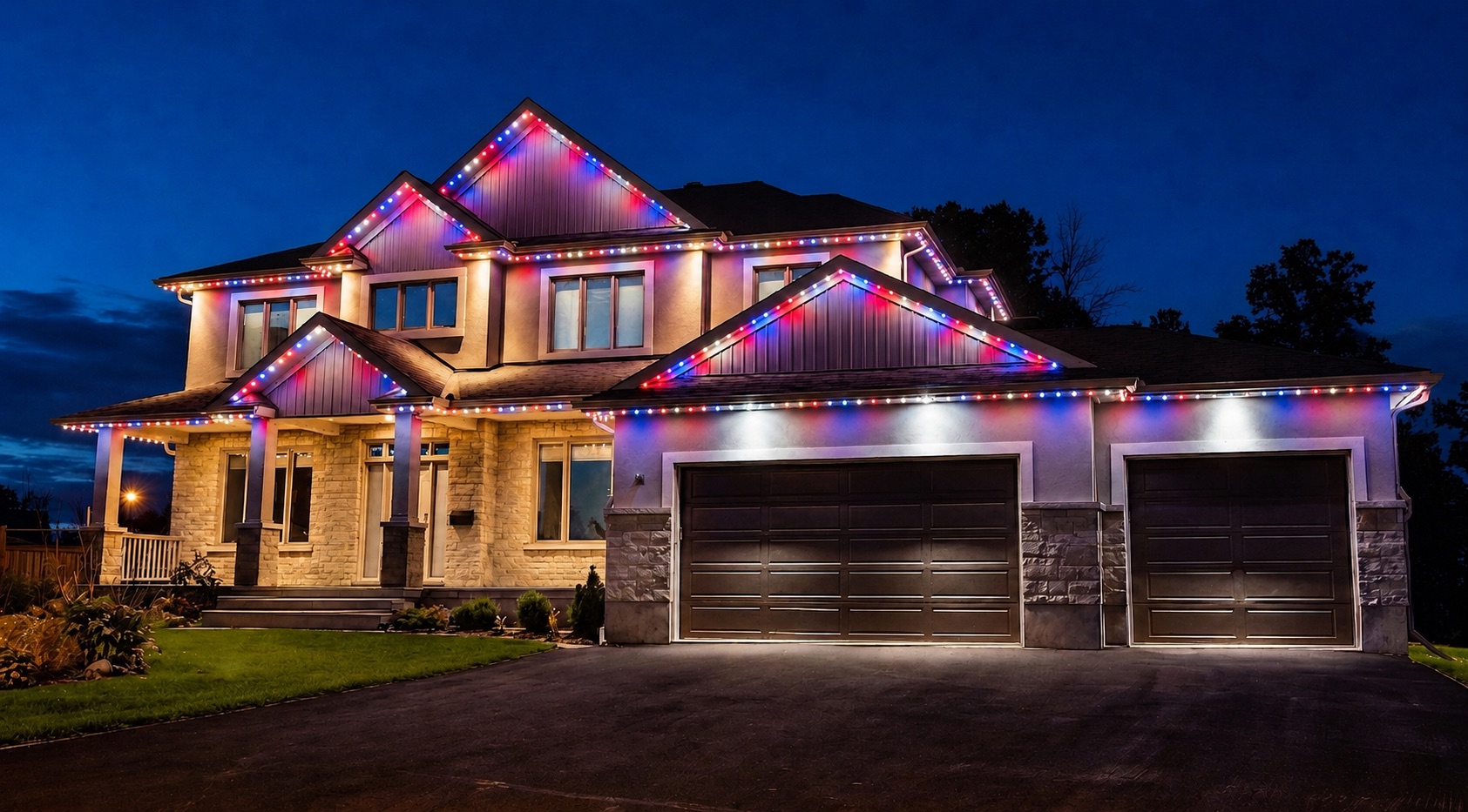 Fourth of July red white and blue roofline lighting