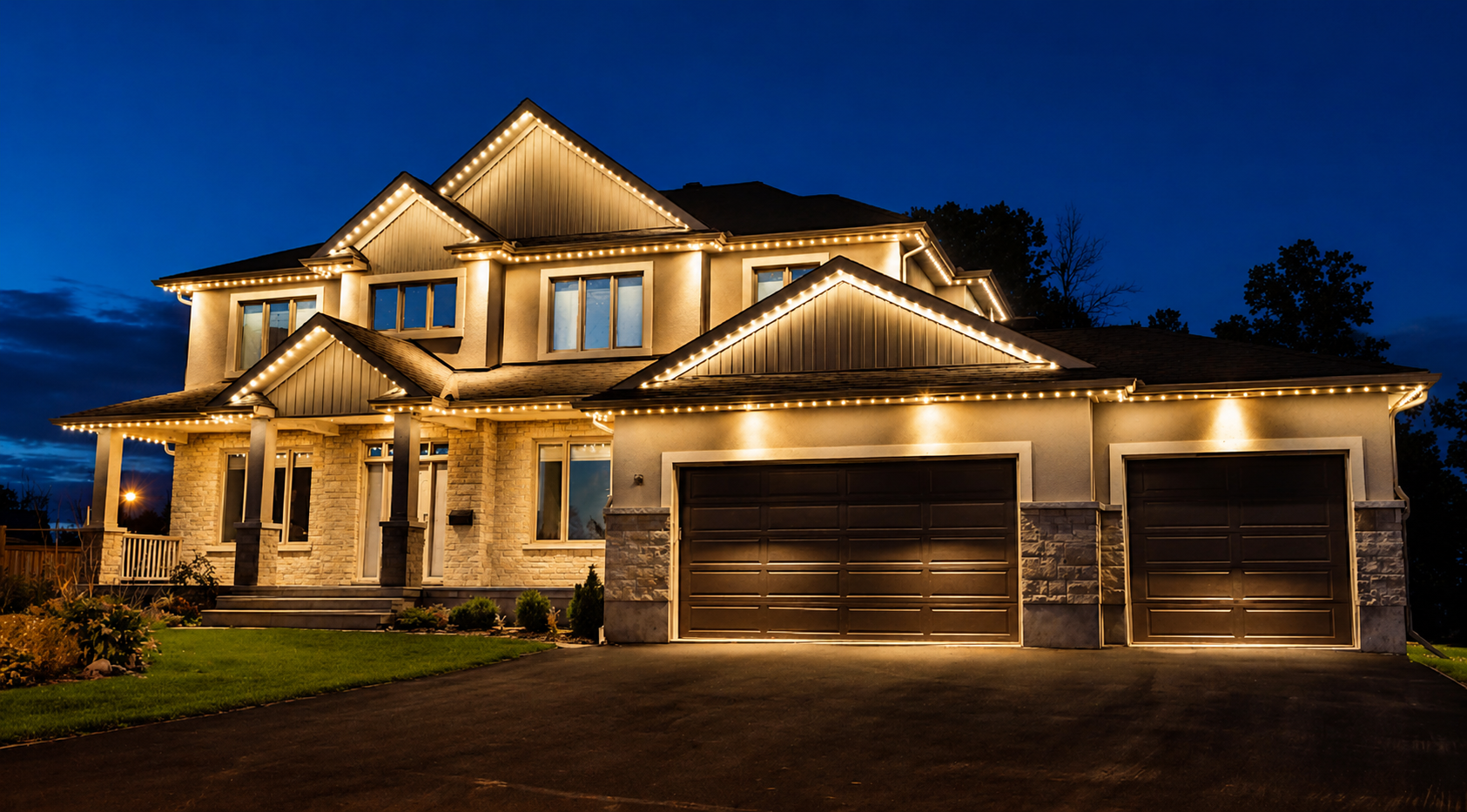 Joe Simmons' home with permanent roofline lighting